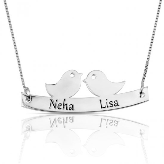 Love birds necklace with names engraved in sterling silver 