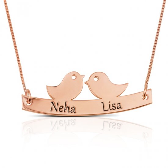 Love birds necklace with names engraved in rose gold plating