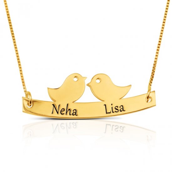 Love birds necklace with names engraved  in 18k gold plating 