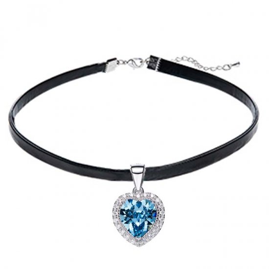 leather choker necklace with heart silver pendant & crystal from swarovski 