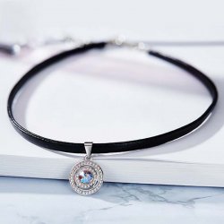 leather choker necklace with round silver pendant & crystal from swarovski  leather choker necklace with round silver pendant & crystal from swarovski