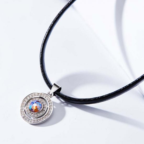leather choker necklace with round silver pendant & crystal from swarovski 