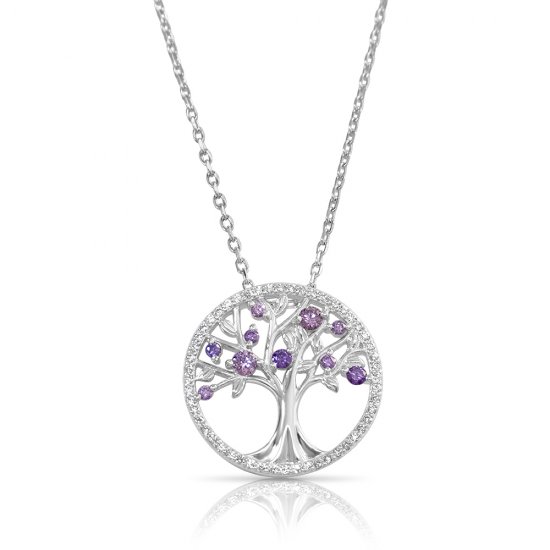 Tree of life necklace in sterling silver & purple cubic zirconia