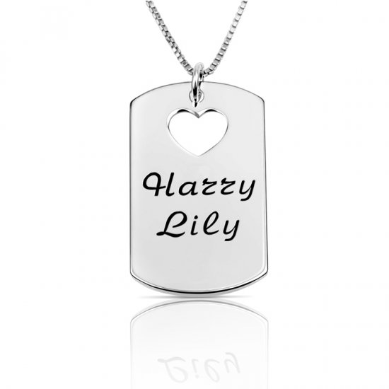 silver dog tag necklace with two names & heart 