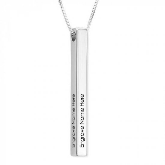 Engraved  3D long bar necklace in sterling silver