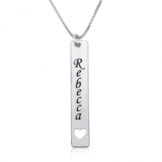 vertical bar necklace with a name and heart in sterling silver