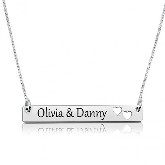 sterling silver bar necklace with two names & hearts  