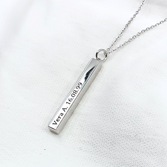 3D bar necklace in sterling silver with blue zirconia charm