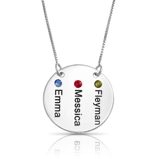 Engraved Disc Necklace in sterling silver and Swarovski Birthstones