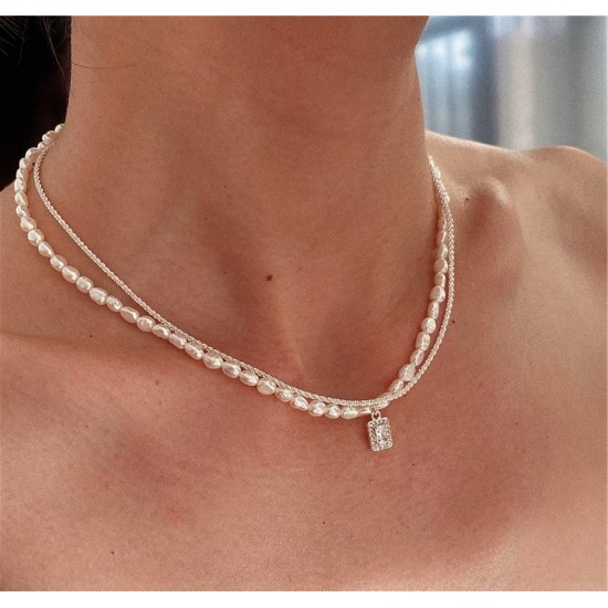 925 sterling silver freshwater pearl necklace with square  zircon pendant