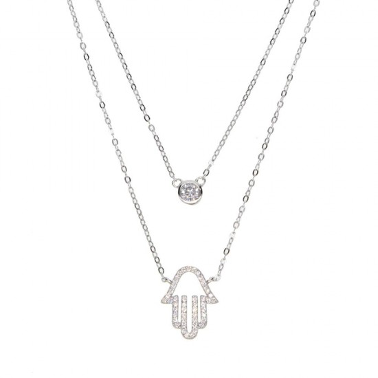 Double layered hamsa necklace in 925 sterling silver and cubic zirconia
