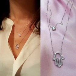 Double layered hamsa necklace in 925 sterling silver and cubic zirconia Double layered hamsa necklace in 925 sterling silver and cubic zirconia