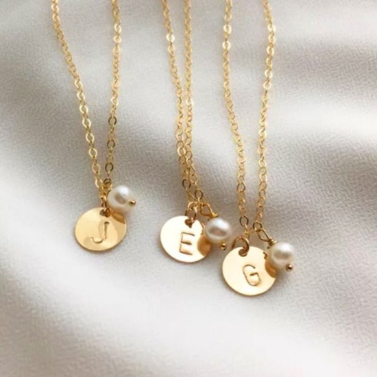 Sterling silver initial disc necklace with pearl 
