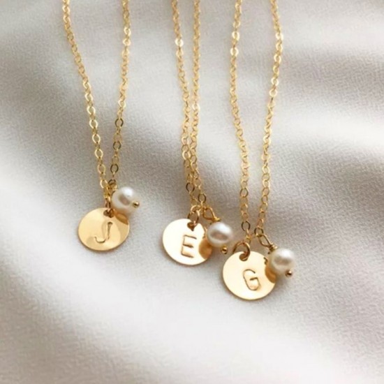 Sterling silver initial disc necklace with pearl Sterling silver initial disc necklace with pearl
