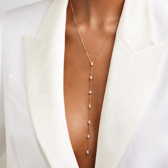 Sterling silver cz long lariat necklace