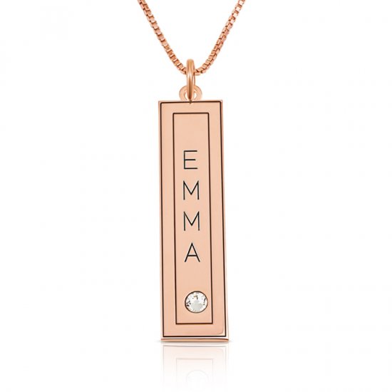 vertical bar necklace with name engraved in a frame & swarovski ,  in rose gold plating  