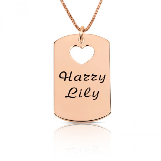 rose gold plated dog tag necklace with two names & heart 