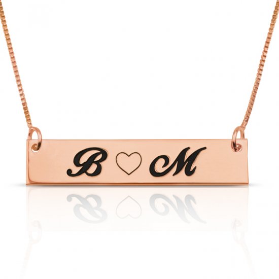 Love bar necklace with two letters & heart - in rose gold plating