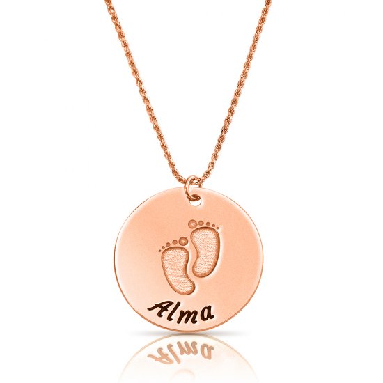 baby feet disc necklace in rose gold plating 