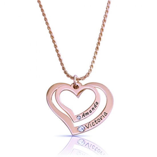  two Hearts Necklace Engraved With two Names and Swarovski Birthstones in rose gold plating
