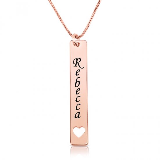 vertical bar necklace with name and heart in rose gold plated silver