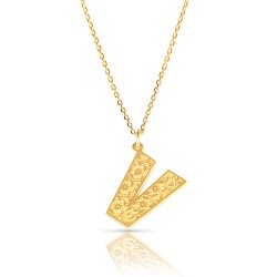 Initial Pendant Necklace In 18k Gold Plating - Retro Style ( Letter V ) Initial Pendant Necklace In 18k Gold Plating - Retro Style ( Letter V )