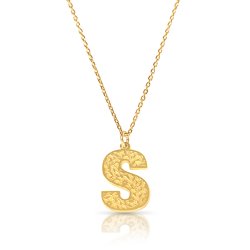 Initial Pendant Necklace In 18k Gold Plating - Retro Style ( Letter S ) Initial Pendant Necklace In 18k Gold Plating - Retro Style ( Letter S )