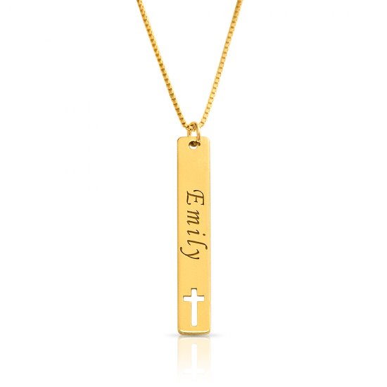 engraved bar necklace with cross