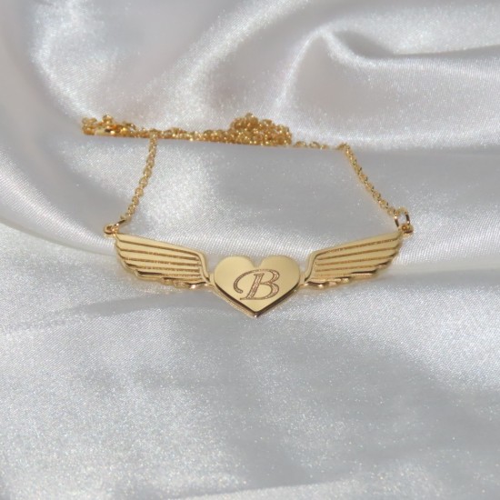 Engraved heart necklace and angel wings -  18k gold plated 
