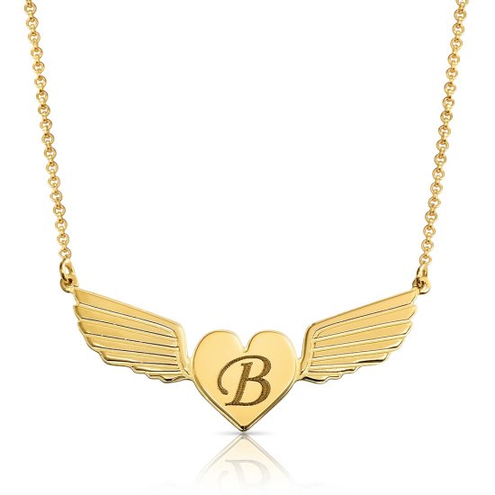 Engraved heart necklace and angel wings -  18k gold plated 