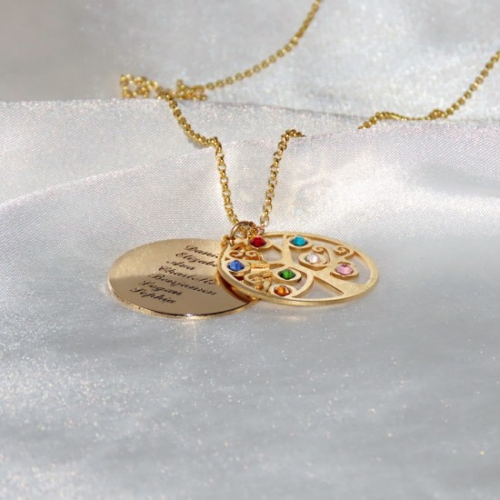 Family tree pendant in gold plating &  swarovski birthstone 
