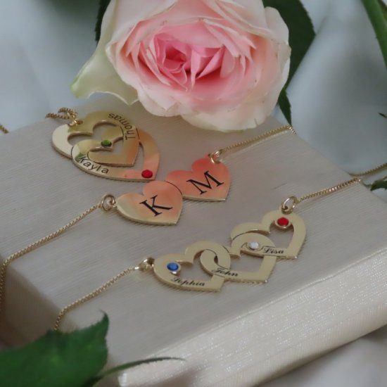 two hearts engraved necklace with birthstones in 18k gold plating