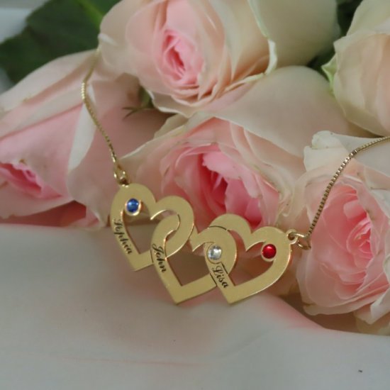 three hearts engraved necklace with birthstones in 18k gold plating