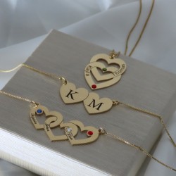 three hearts engraved necklace with birthstones in 18k gold plating three hearts engraved necklace with birthstones in 18k gold plating