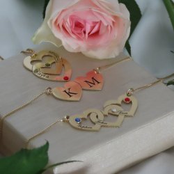 three hearts engraved necklace with birthstones in 18k gold plating three hearts engraved necklace with birthstones in 18k gold plating