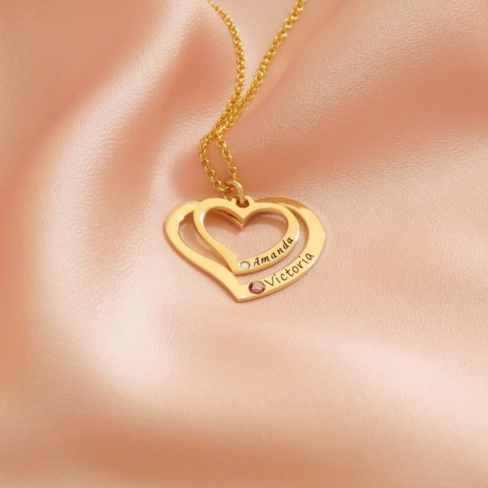 18K Gold Plated 2 Hearts Necklace Engraved With 2 Names & Swarovski Birthstones 