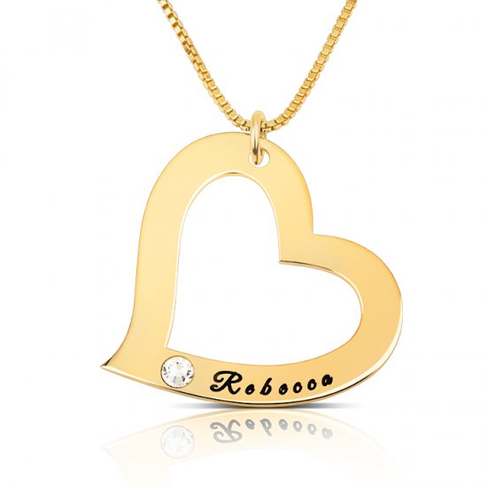 engraved heart pendant necklace with gold plating&swarovski birthstone