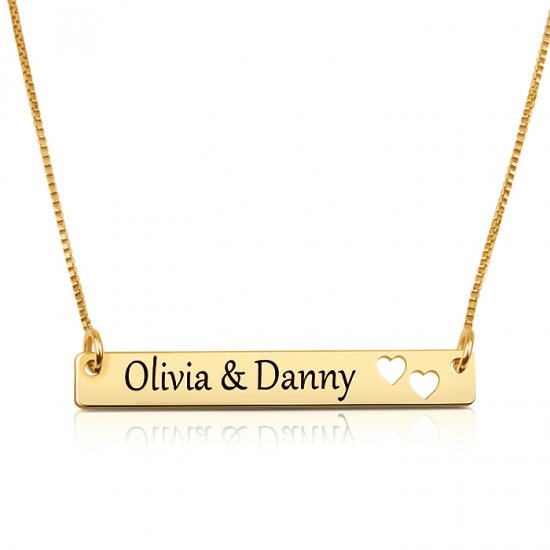 gold plated  bar necklace with two names & hearts  