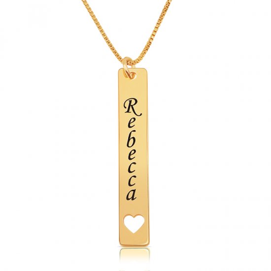 vertical gold plated bar necklace with name and heart