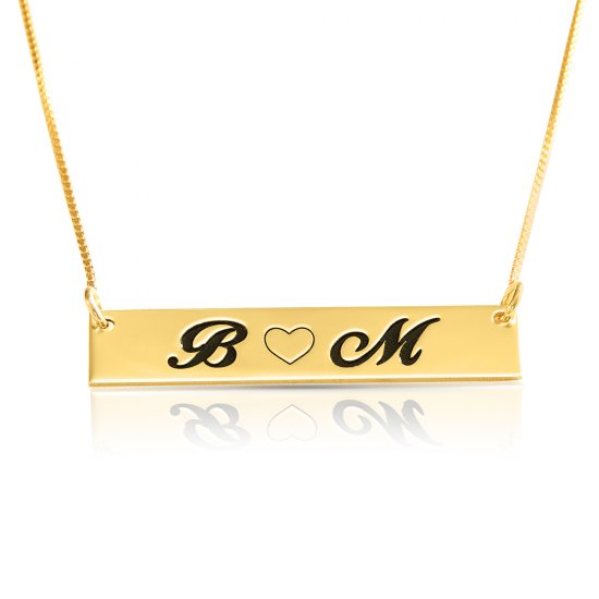 Love bar necklace with two letters & heart - in gold plating