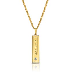 gold plated vertical bar with name engraved in a frame & swarovski  gold plated vertical bar with name engraved in a frame & swarovski
