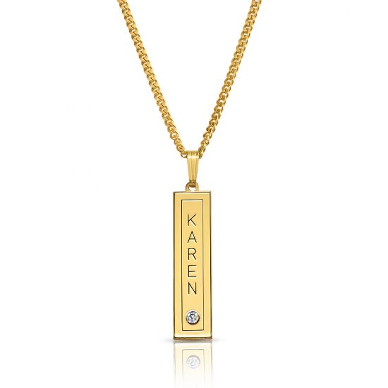 gold plated vertical bar with name engraved in a frame & swarovski 