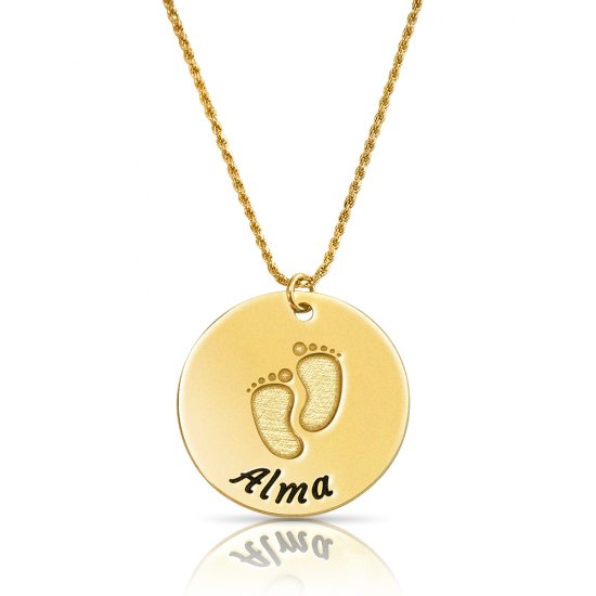 baby feet disc necklace in gold plating 