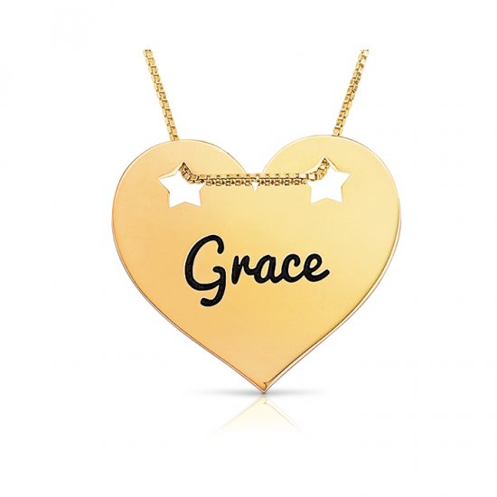 engraved heart pendant with stars in gold plated silver 