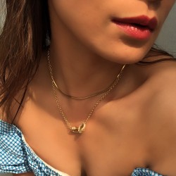 Gold Plated Double Circle Necklace with cubic zirconia