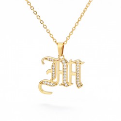 old english Initial Necklace with cz Crystals