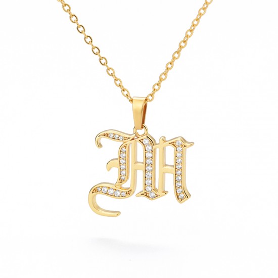 old english Initial Necklace with cz Crystals