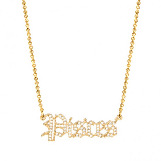 cubic zirconia old english zodiac necklace - pisces