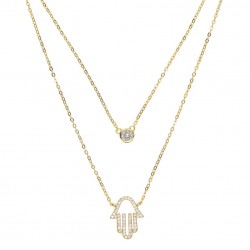 Double layered hamsa necklace in gold plated silver and cubic zirconia  Double layered hamsa necklace in gold plated silver and cubic zirconia