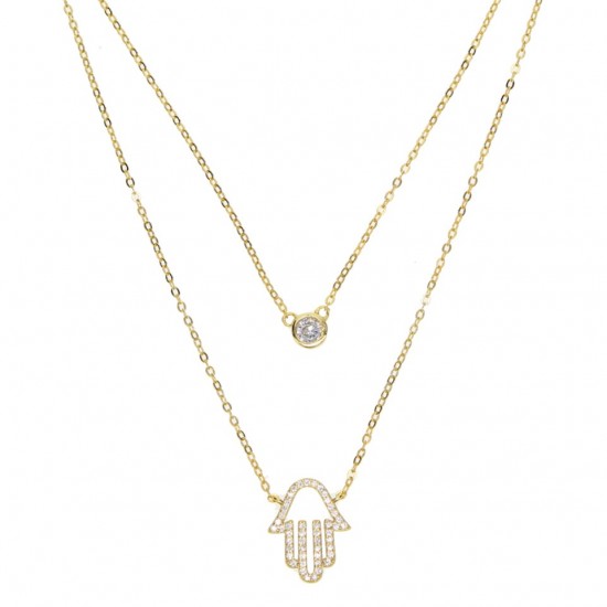 Double layered hamsa necklace in gold plated silver and cubic zirconia 